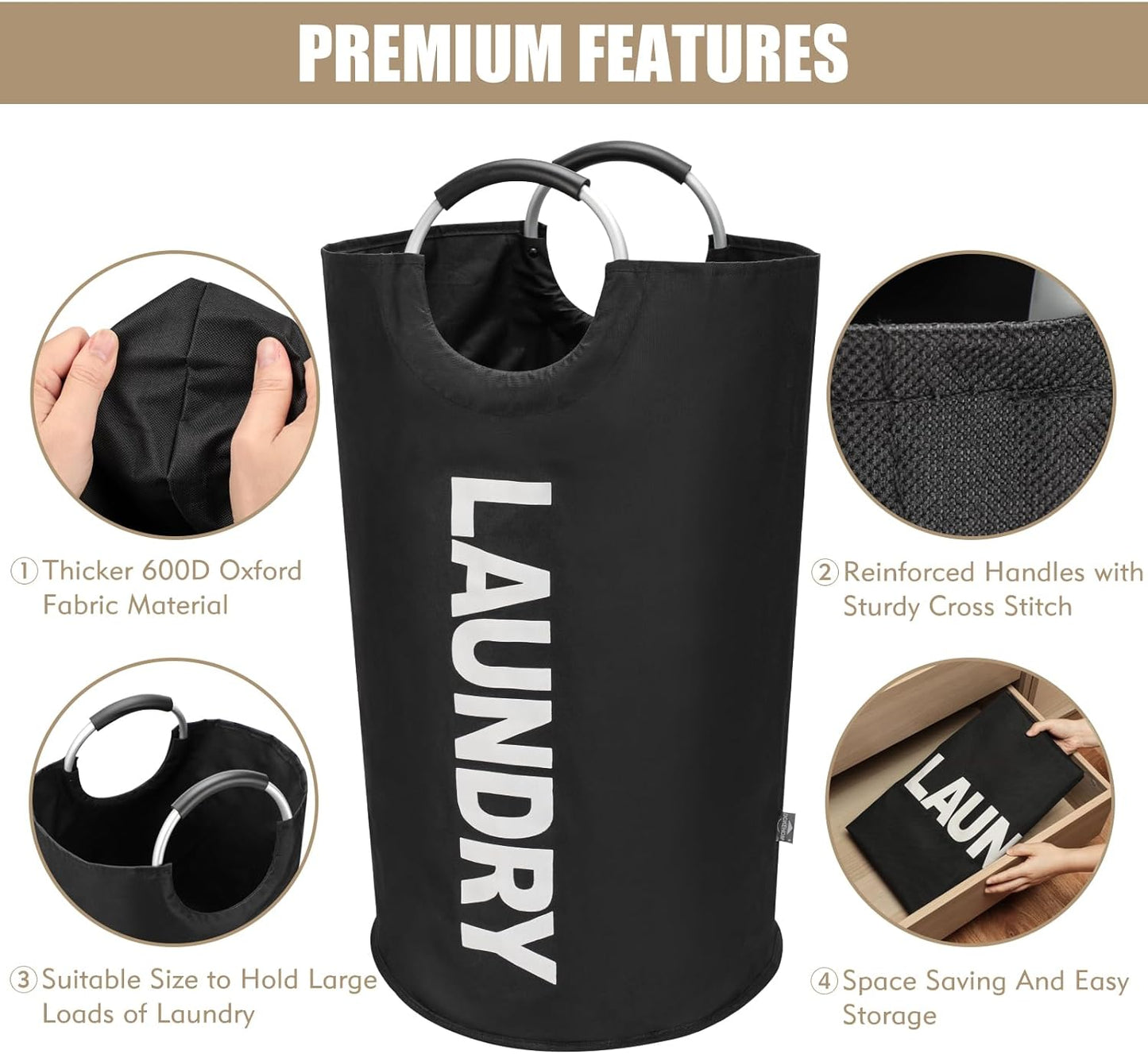 90L Large Laundry Basket, Collapsible Laundry Bag, Freestanding Tall Clothes Hamper, Foldable Washing Bin (Black)