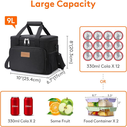 Large Lunch Bag 12-Can (8.5L) Insulated Lunch Box Soft Cooler Cooling Tote for Adult Men Women, Black